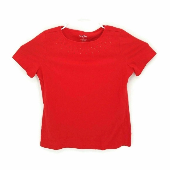 Coral Bay Womens Blouse Red Short Sleeve Crew Neck Embroidered Studded Petites L - Picture 1 of 4